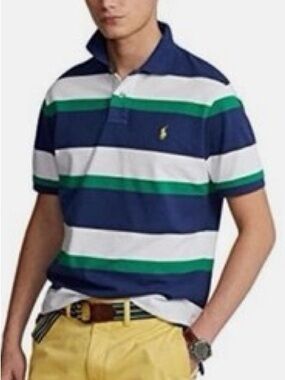 Ralph Lauren Polo shirt classic fit Stripes White Green Blue Cotton Size L